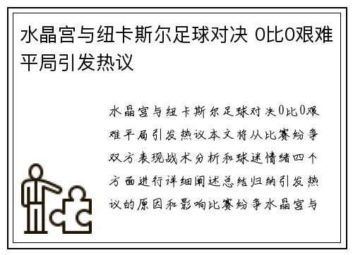 水晶宫与纽卡斯尔足球对决 0比0艰难平局引发热议